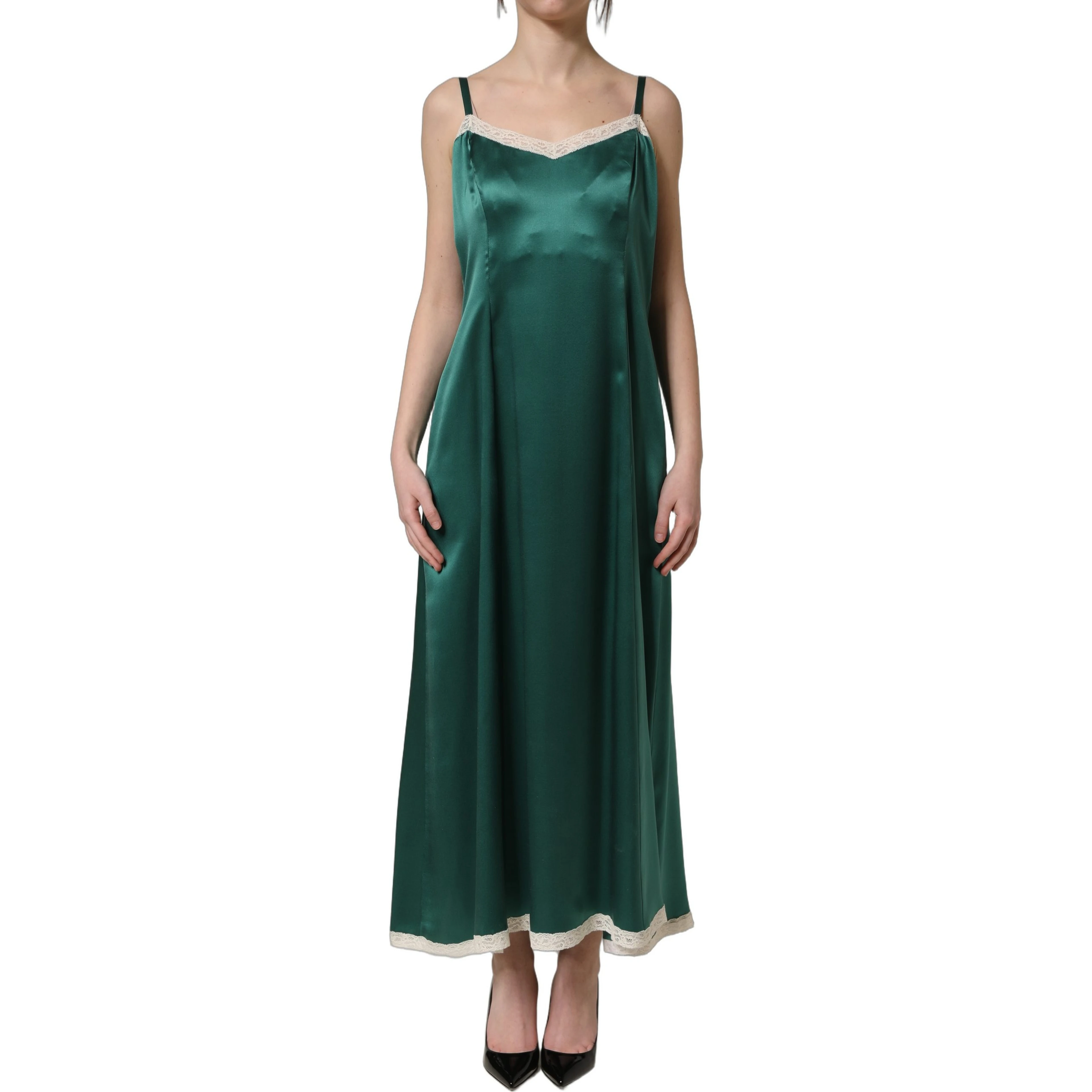 Green Satin Lace Trim Sleeveless Maxi Dress