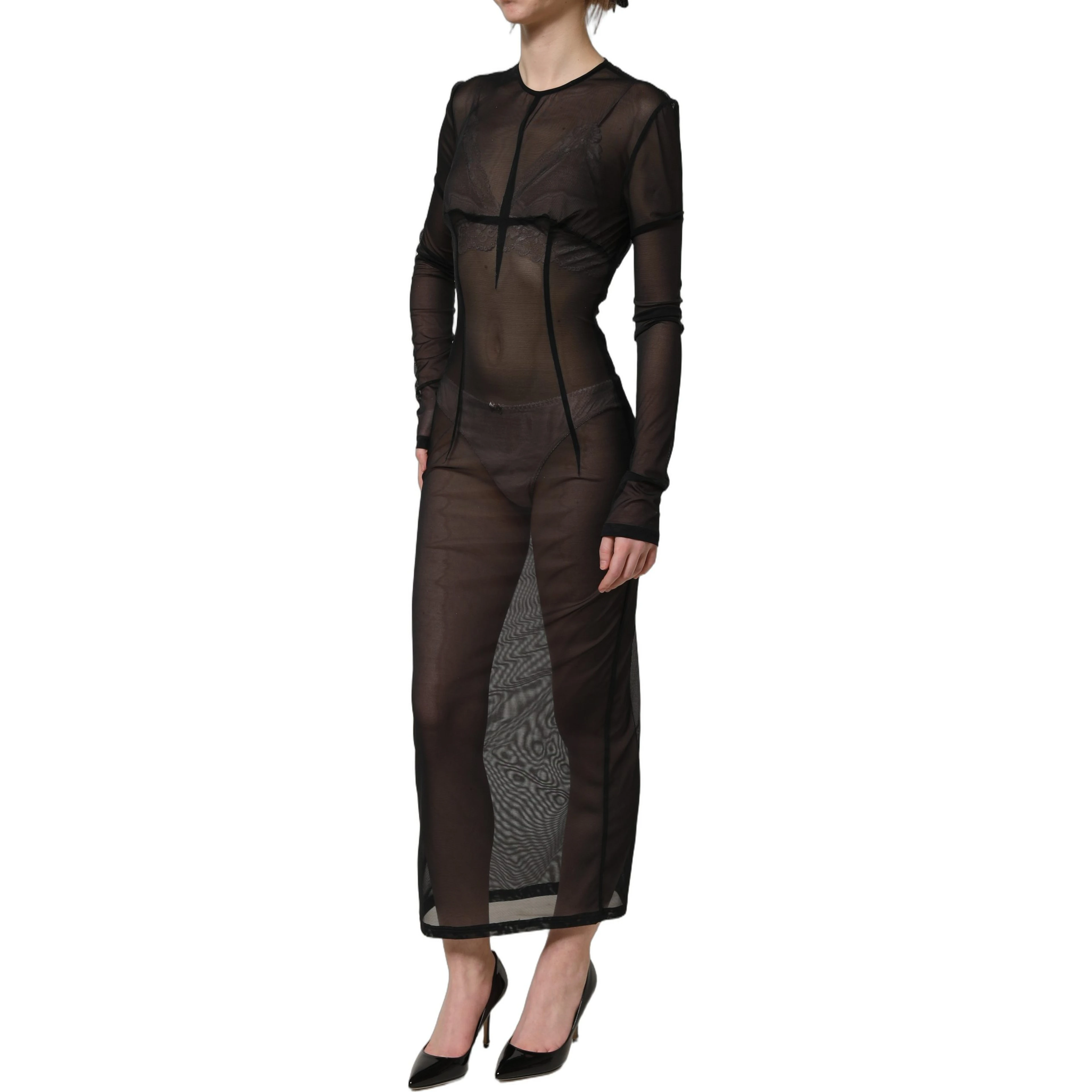 Black Long Sleeve Sheer Fitted Maxi Dress