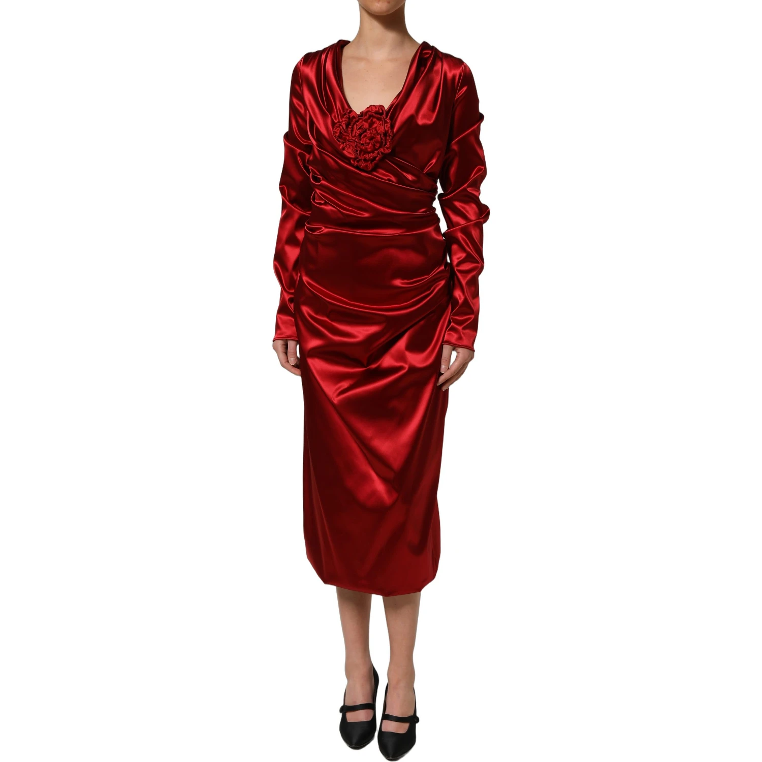 Red Silk Satin Draped Midi Floral Applique Dress