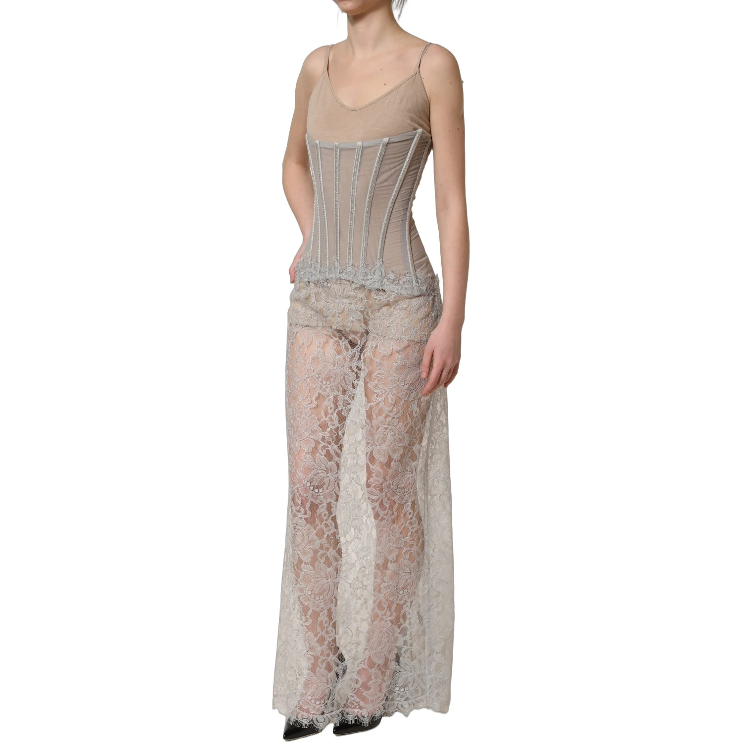 Gray Lace Corset Style Bodice Maxi Dress