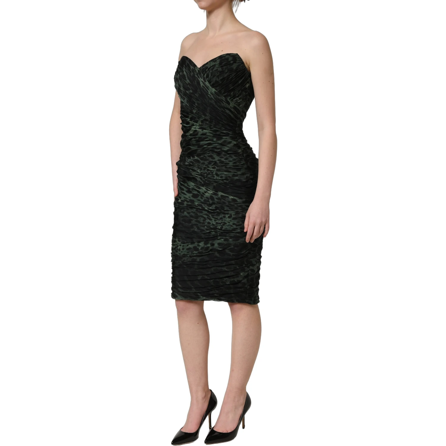 Green Leopard Print Bustier Draped Midi Dress