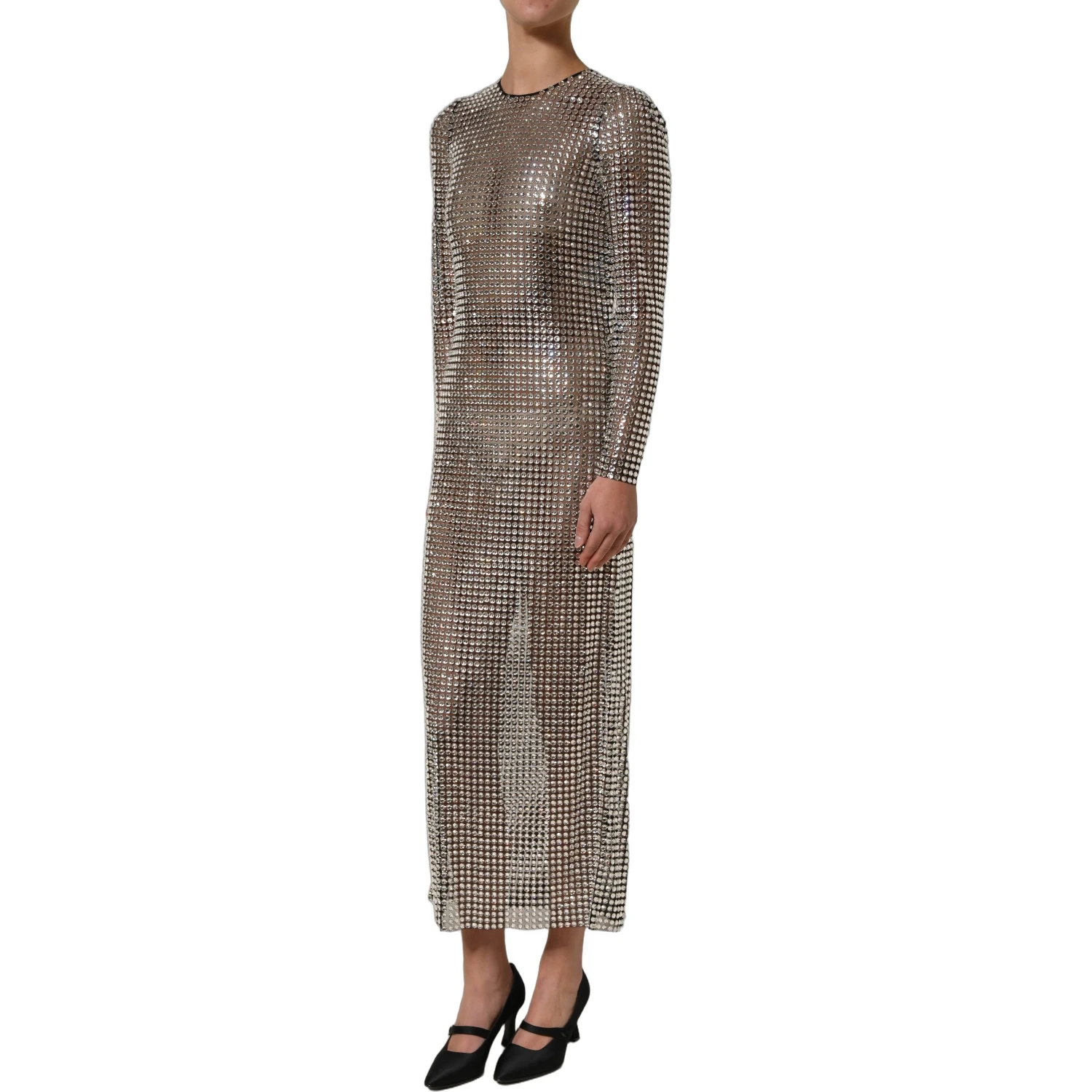Beige Crystal Embellished Long Gown Dress
