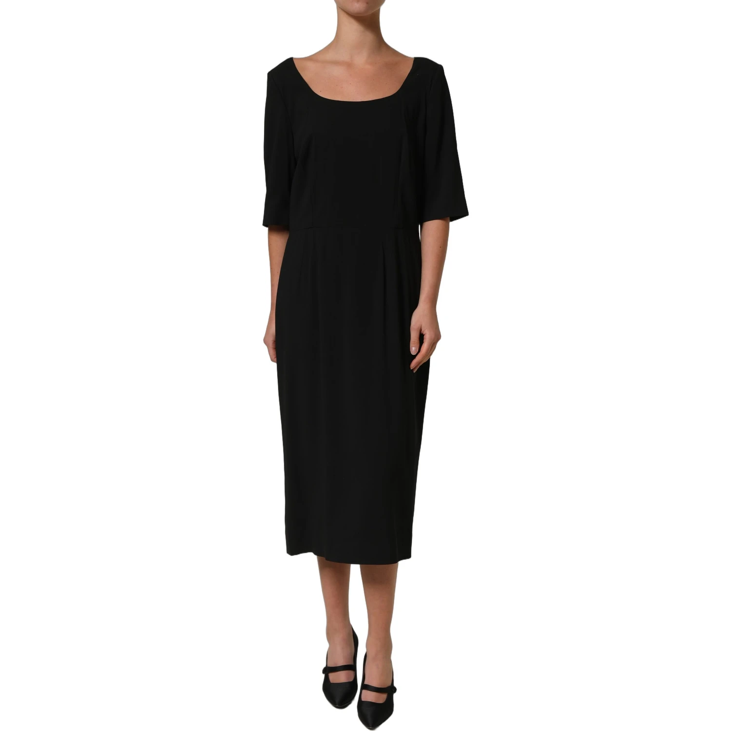 Black Viscose Cropped Sleeves Midi Dress