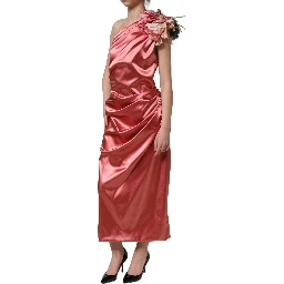 Pink Draped Midi Flower Appliques Dress
