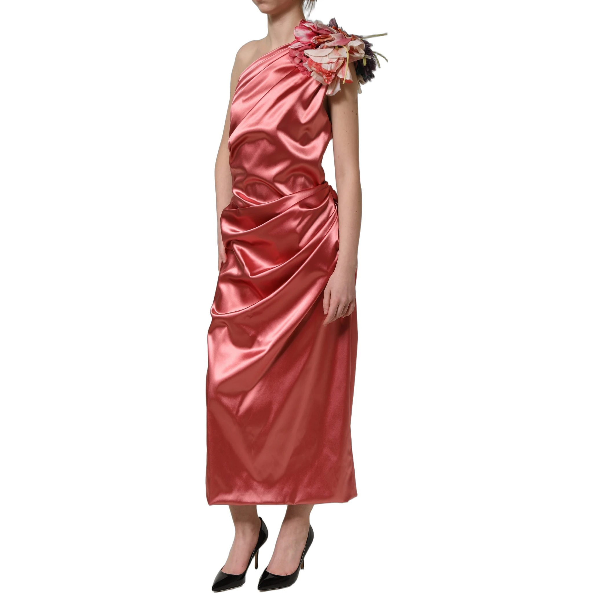 Pink Draped Midi Flower Appliques Dress