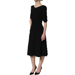 Black Viscose Short Sleeve A-line Midi Dress