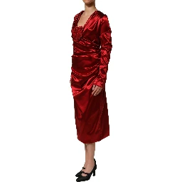 Red Silk Satin Draped Midi Floral Applique Dress