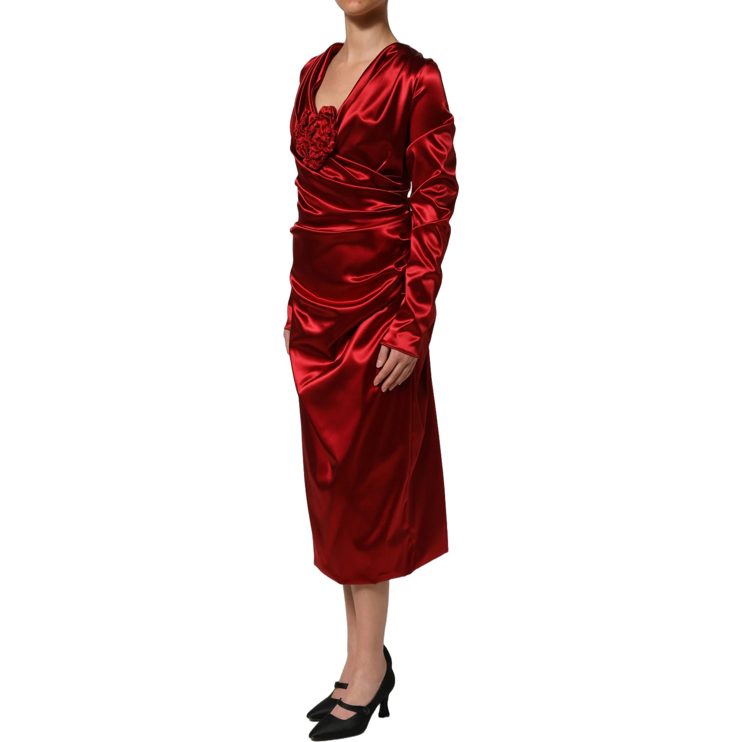 Red Silk Satin Draped Midi Floral Applique Dress