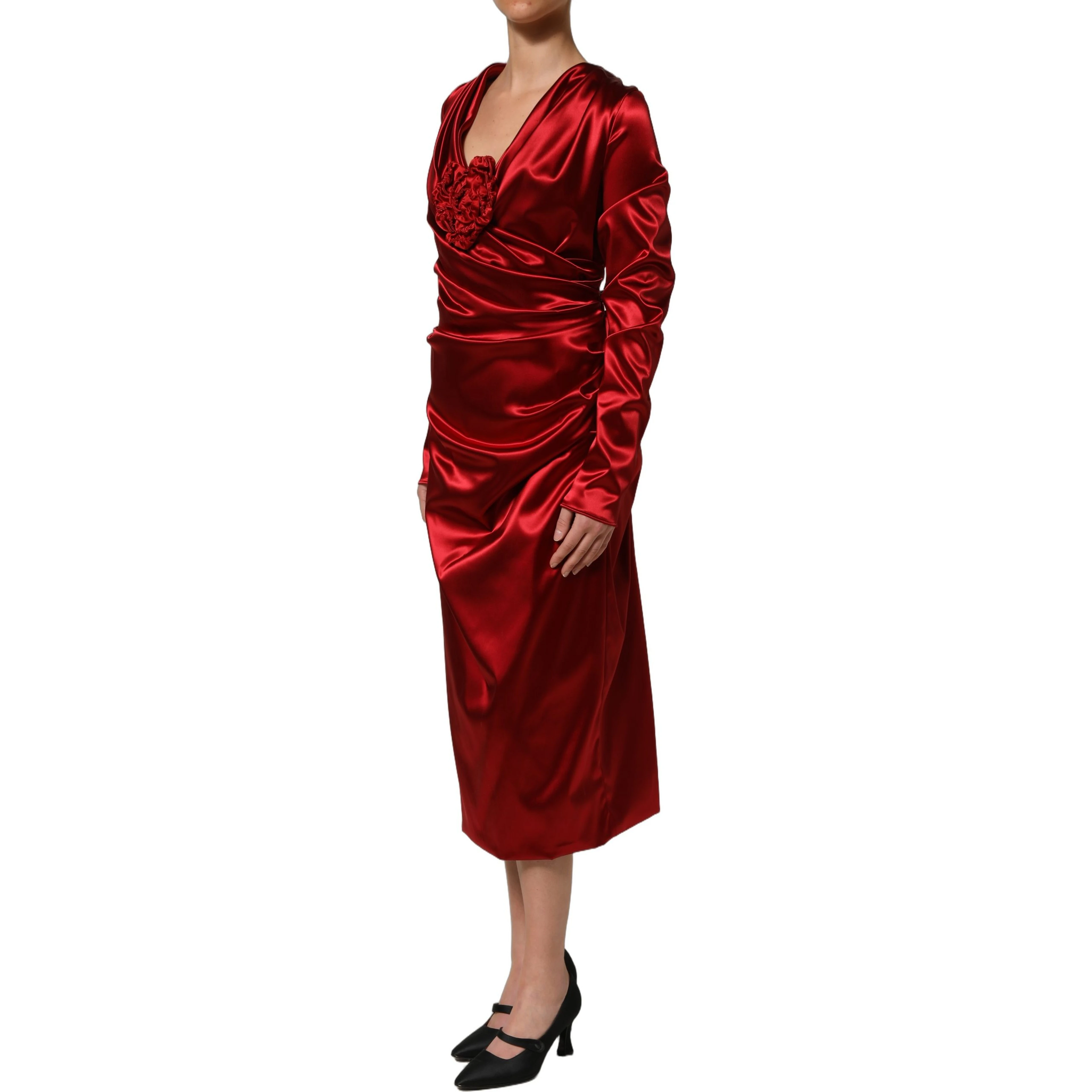 Red Silk Satin Draped Midi Floral Applique Dress