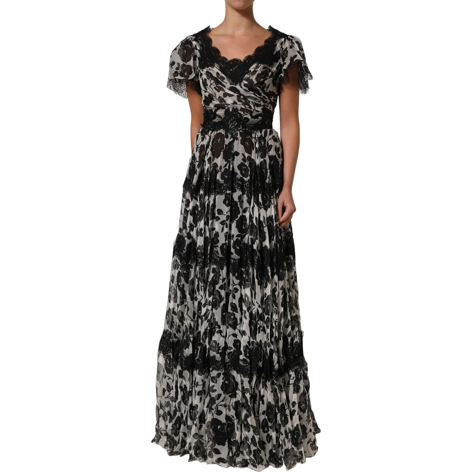 Black Silk Floral Lace Ricamo Ball Maxi Dress