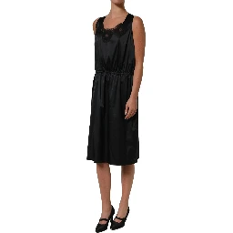 Black Polyester LaceTrim Sheath Midi Dress