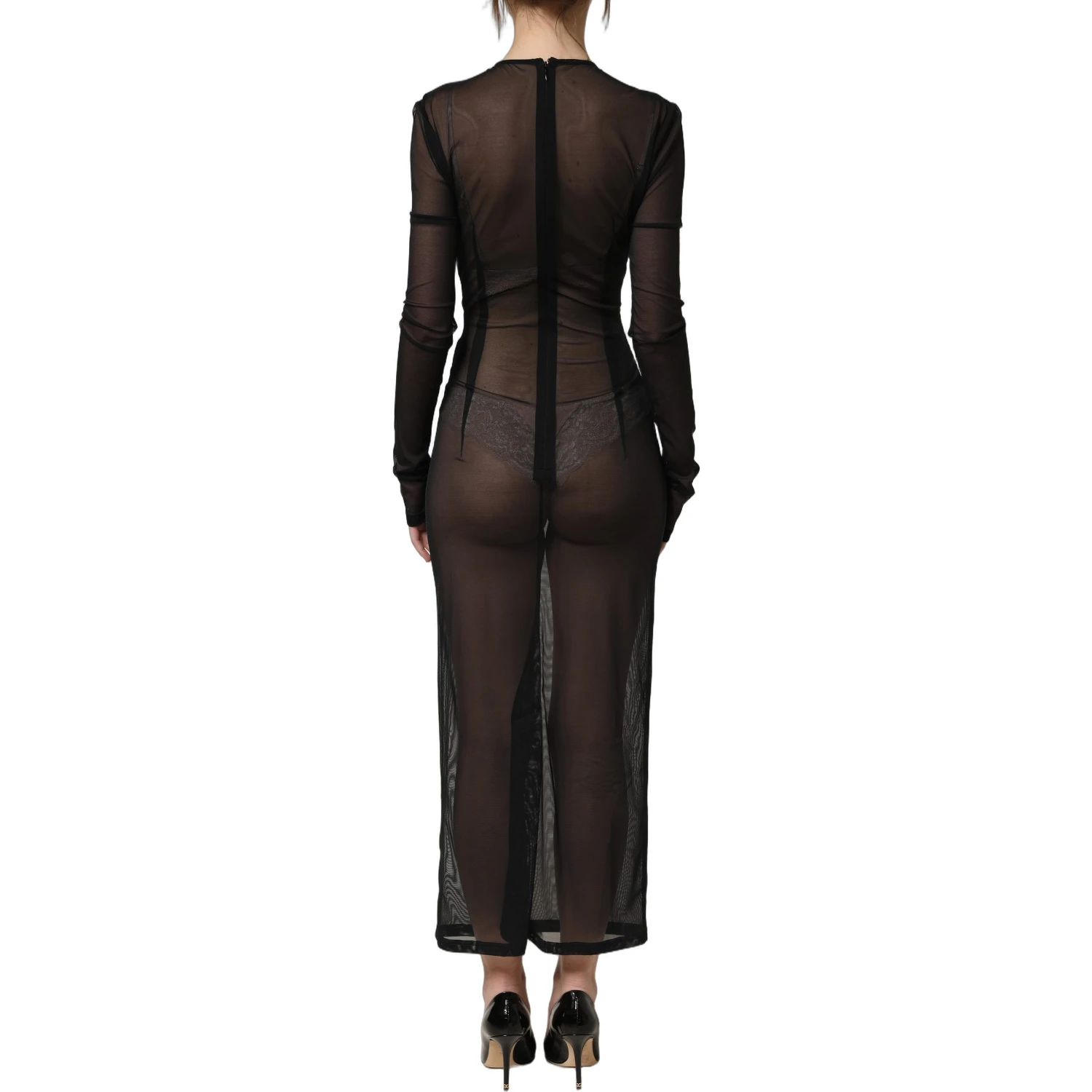 Black Long Sleeve Sheer Fitted Maxi Dress