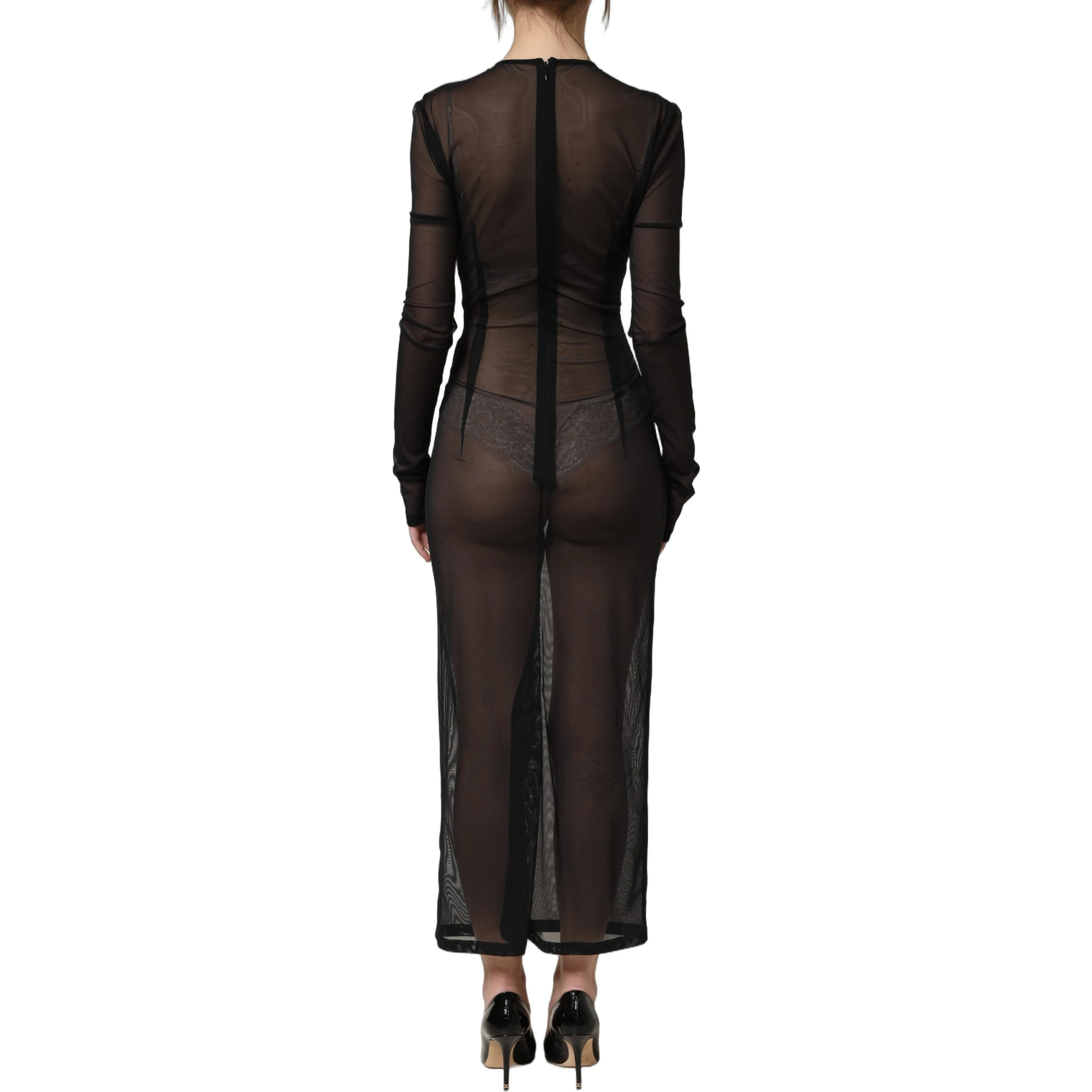 Black Long Sleeve Sheer Fitted Maxi Dress