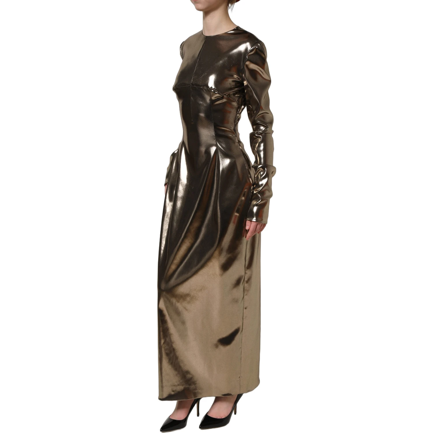 Metallic Gold Polyester LongSleeve Maxi Dress