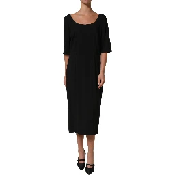 Black Viscose Cropped Sleeves Midi Dress
