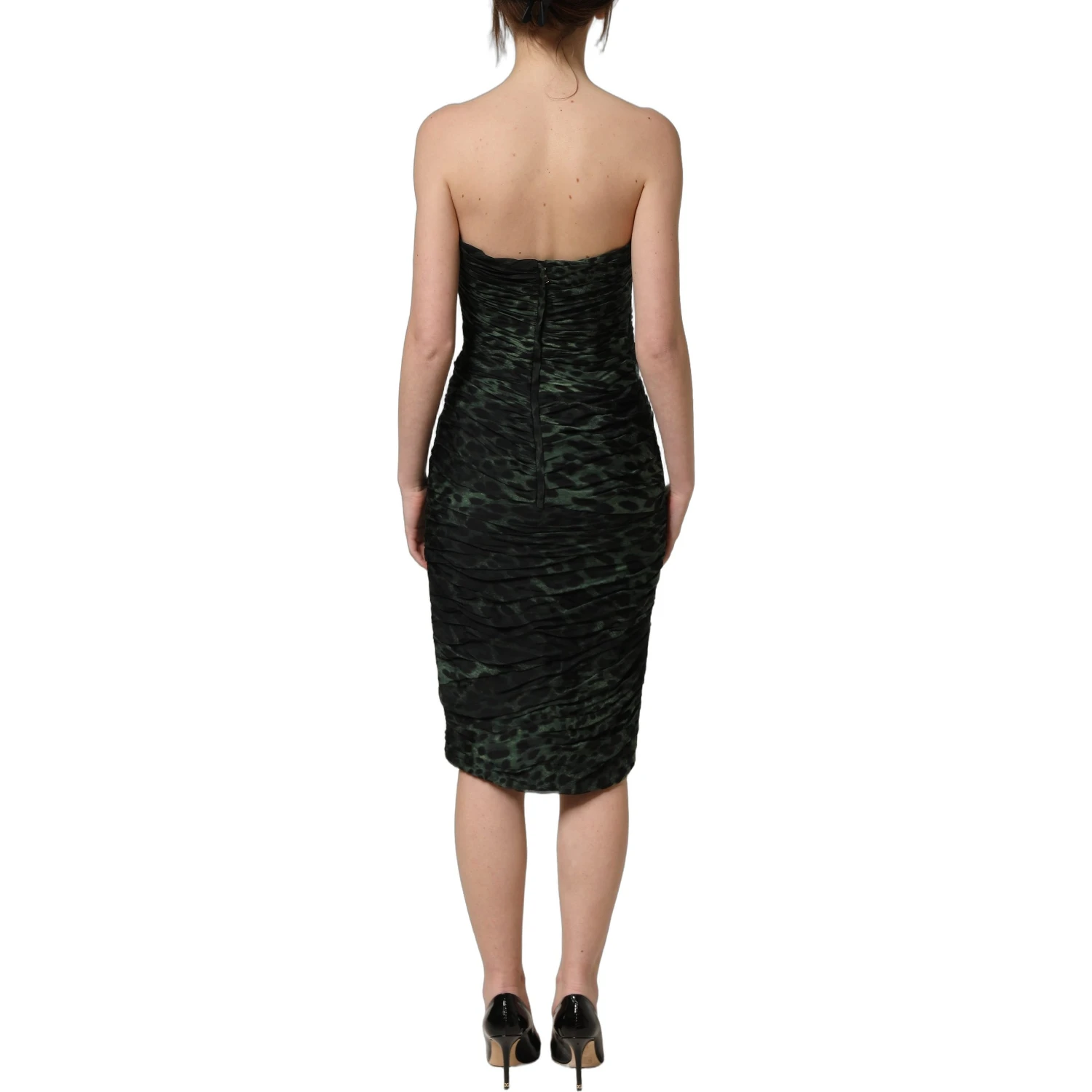 Green Leopard Print Bustier Draped Midi Dress