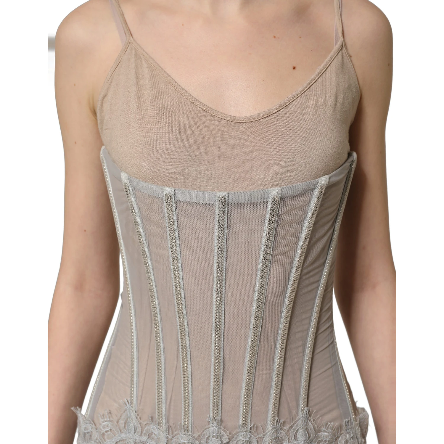 Gray Lace Corset Style Bodice Maxi Dress