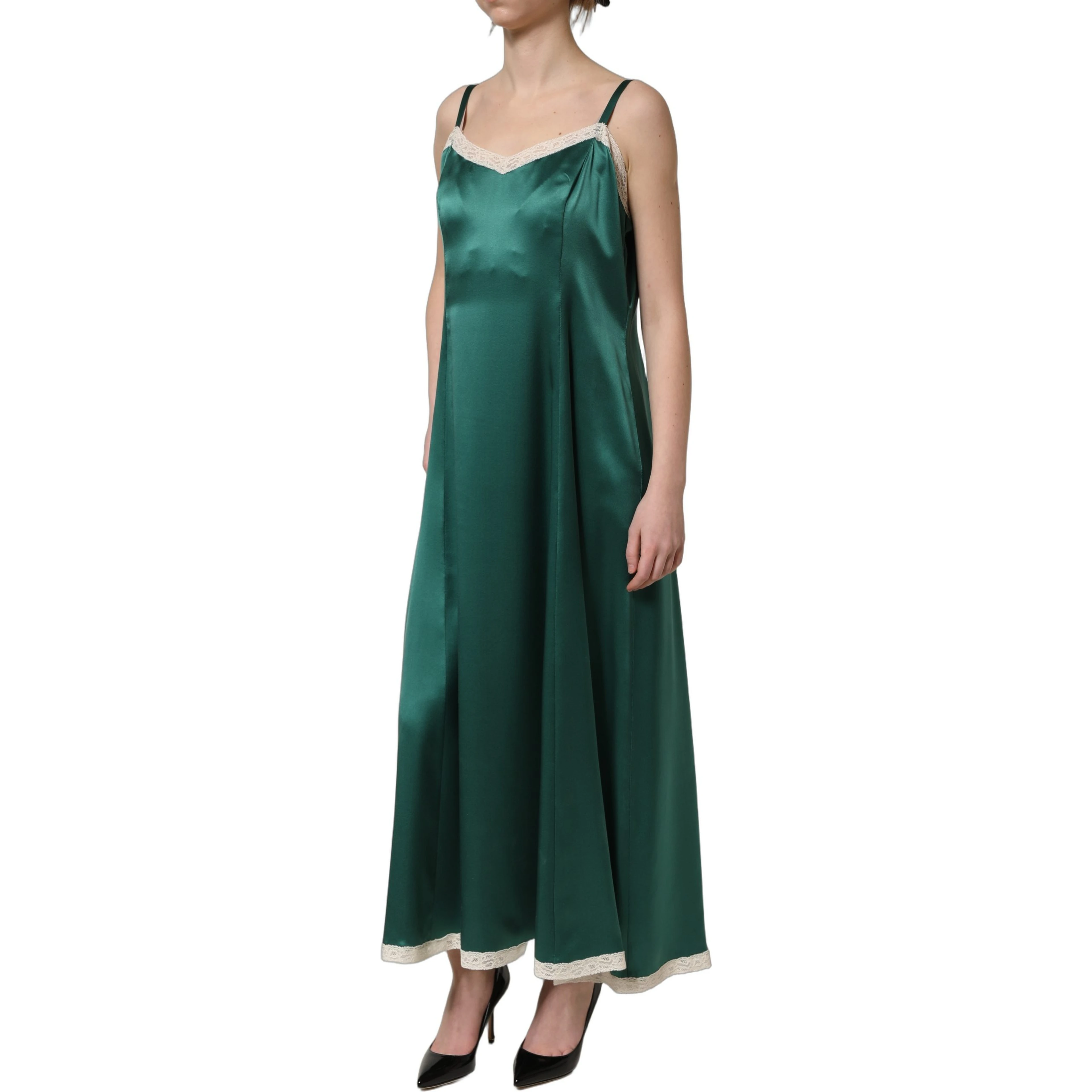 Green Satin Lace Trim Sleeveless Maxi Dress
