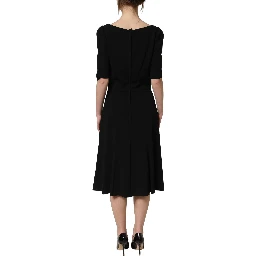 Black Viscose Short Sleeve A-line Midi Dress