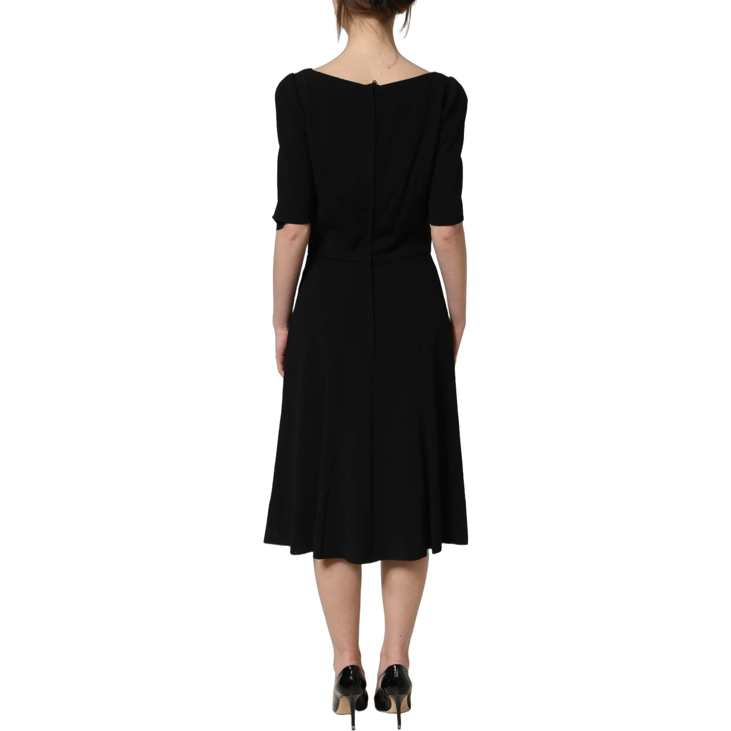 Black Viscose Short Sleeve A-line Midi Dress