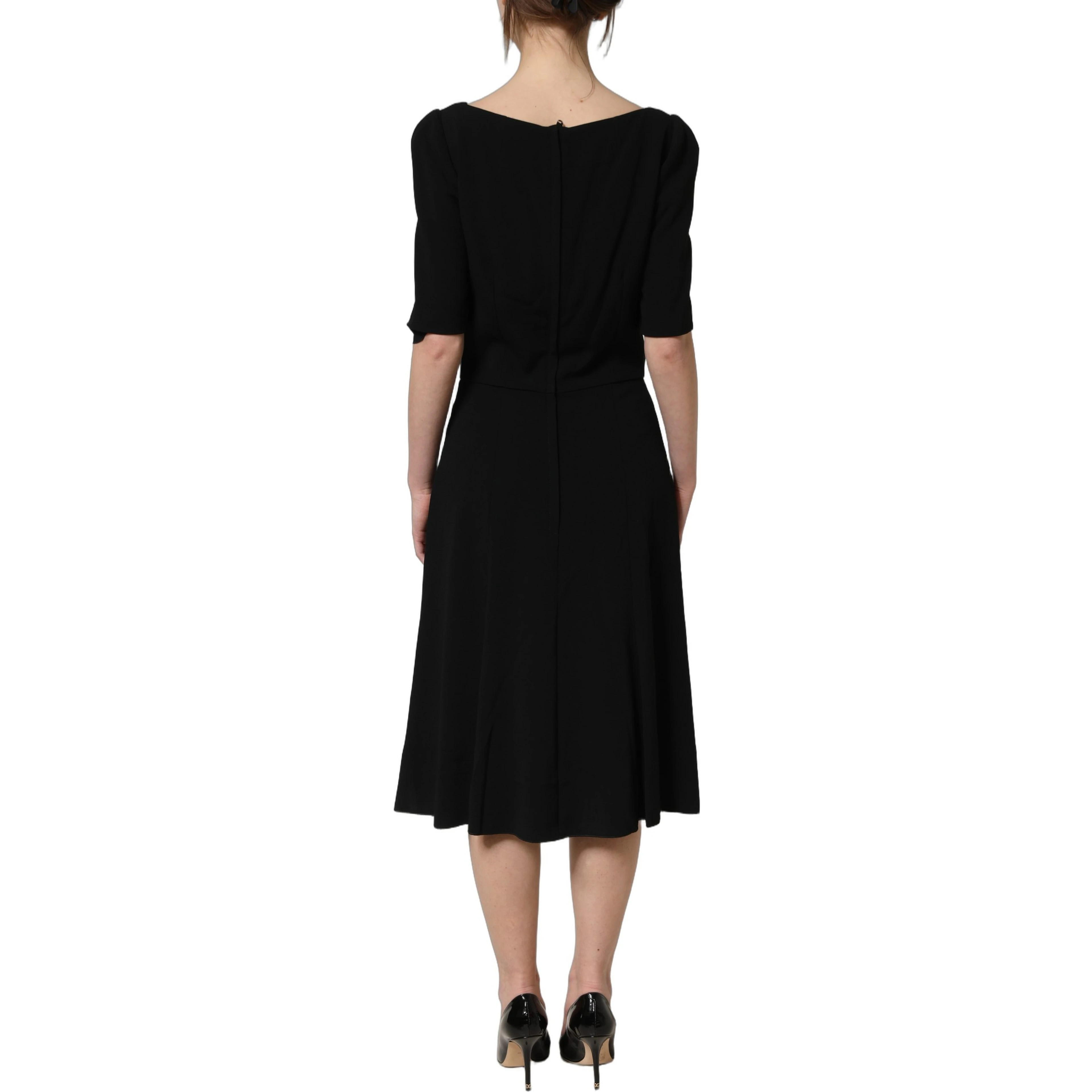 Black Viscose Short Sleeve A-line Midi Dress