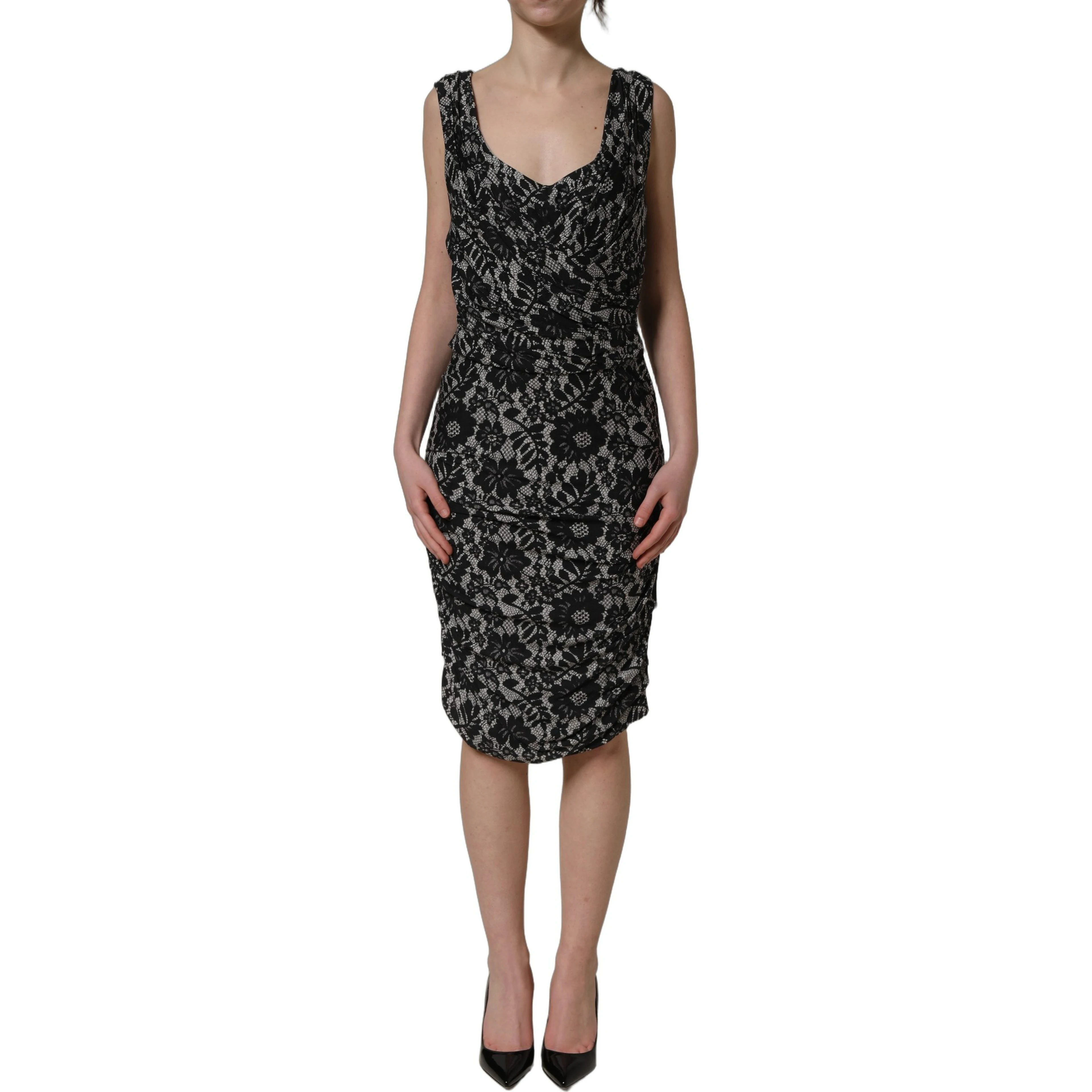 Black White Floral Lace Sleeveless Midi Dress
