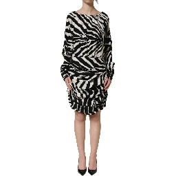 Black White Zebra Ruched Silk Mini Dress