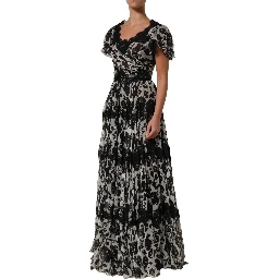 Black Silk Floral Lace Ricamo Ball Maxi Dress