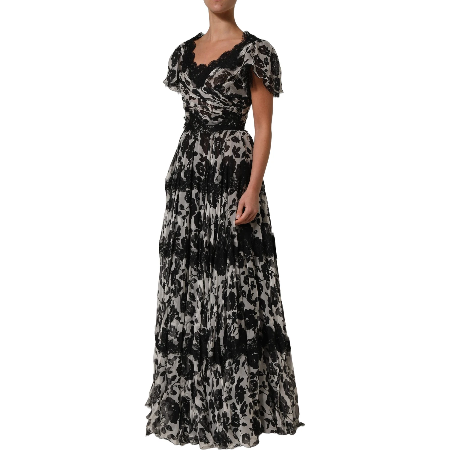 Black Silk Floral Lace Ricamo Ball Maxi Dress
