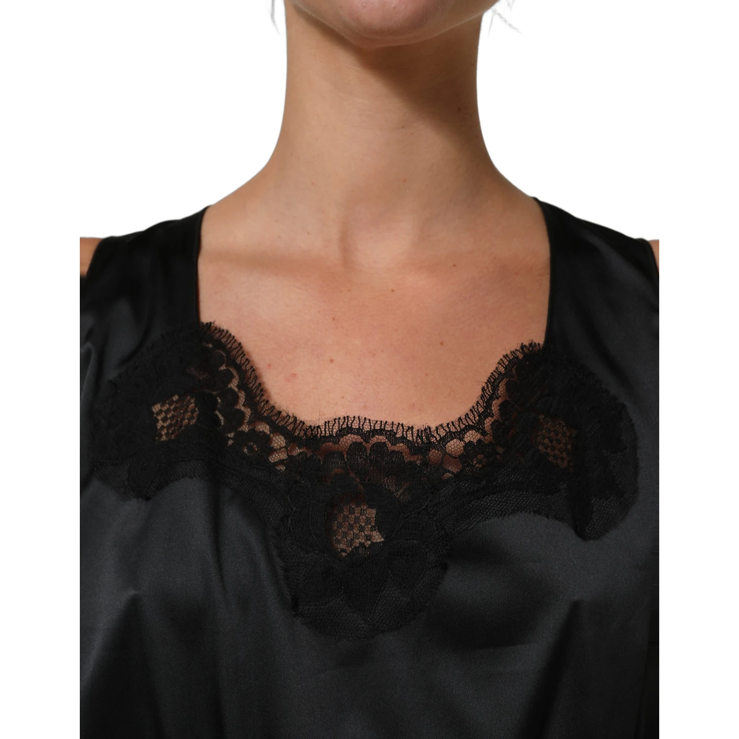 Black Polyester LaceTrim Sheath Midi Dress