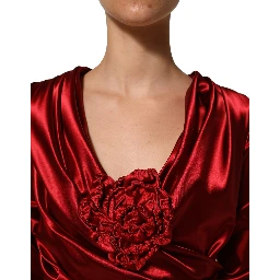 Red Silk Satin Draped Midi Floral Applique Dress