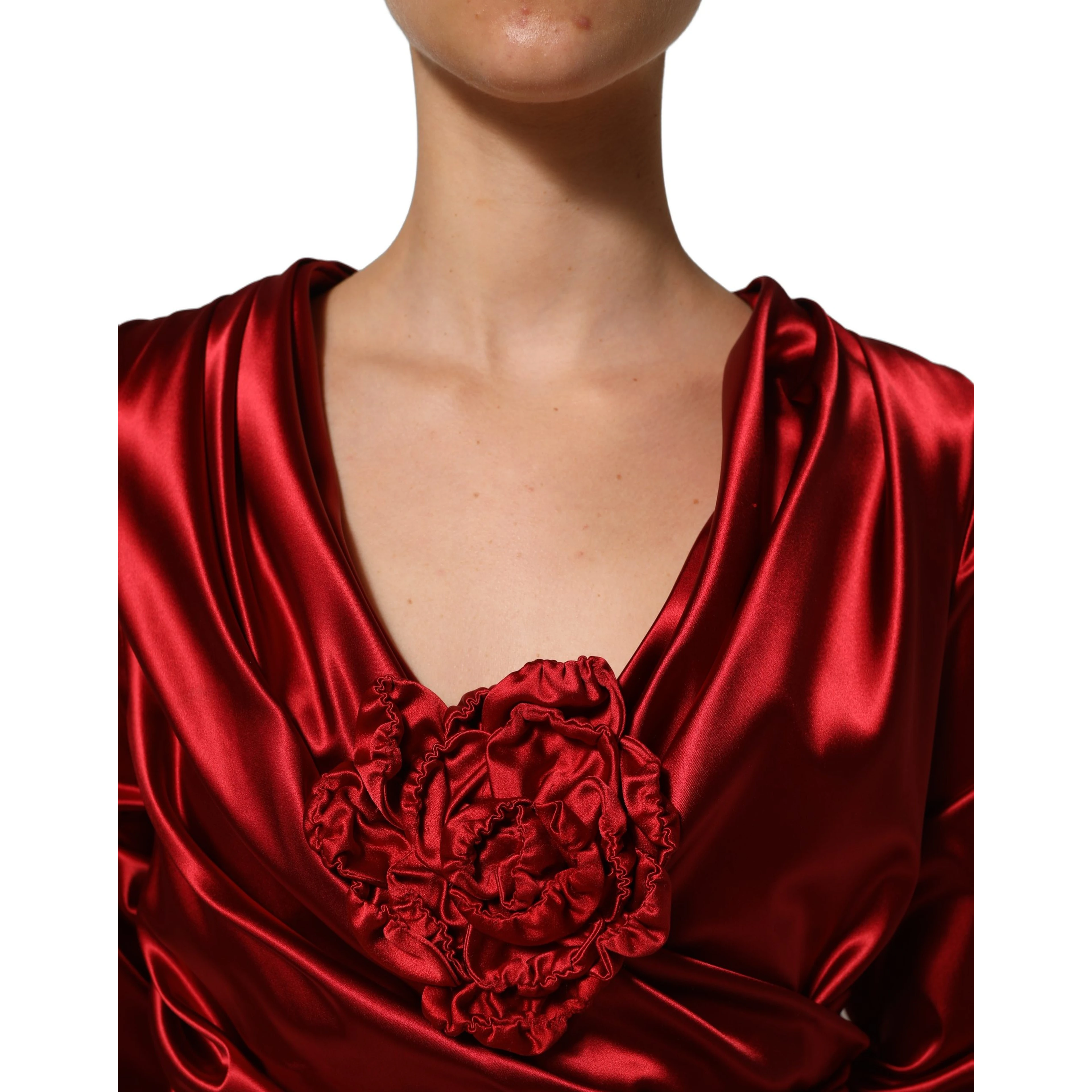 Red Silk Satin Draped Midi Floral Applique Dress