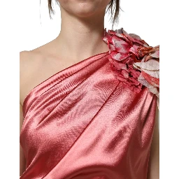 Pink Draped Midi Flower Appliques Dress