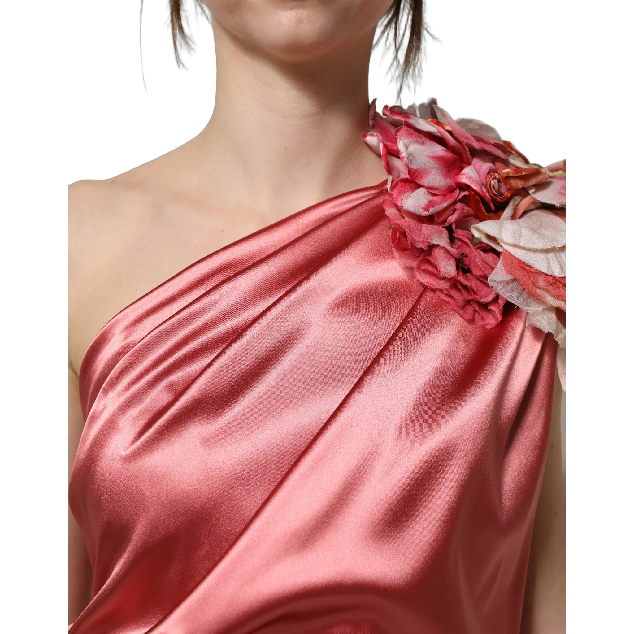 Pink Draped Midi Flower Appliques Dress