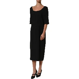 Black Viscose Cropped Sleeves Midi Dress