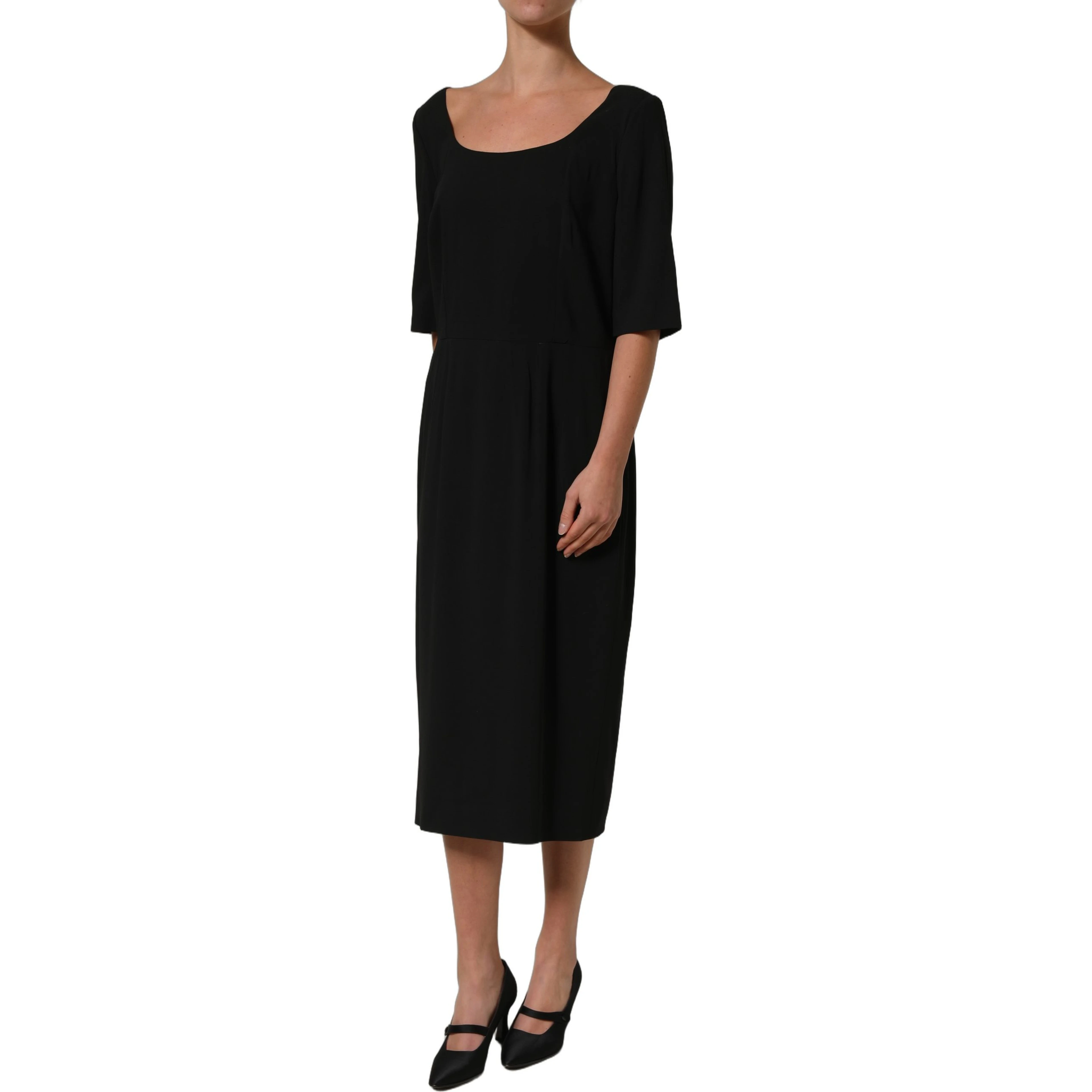 Black Viscose Cropped Sleeves Midi Dress