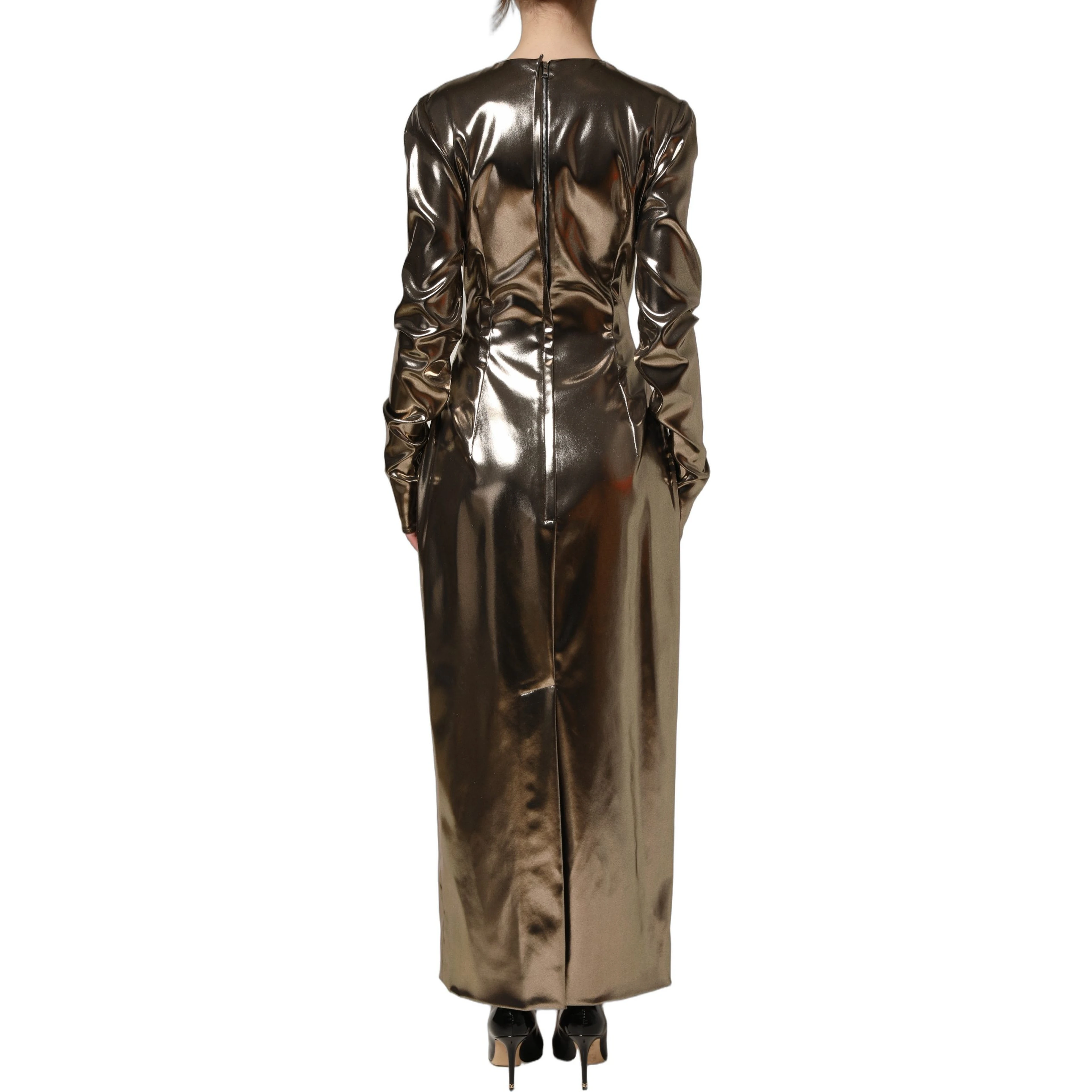 Metallic Gold Polyester LongSleeve Maxi Dress