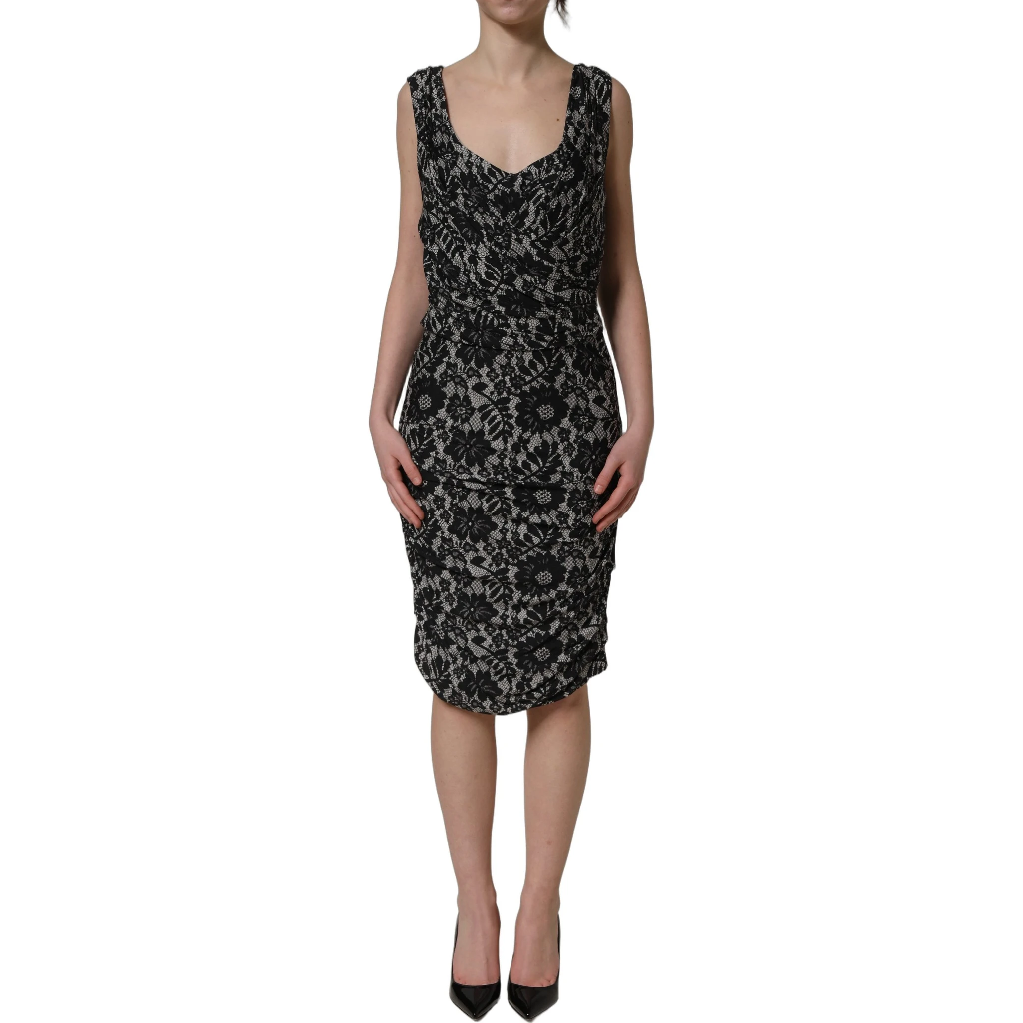 Black White Floral Lace Sleeveless Midi Dress