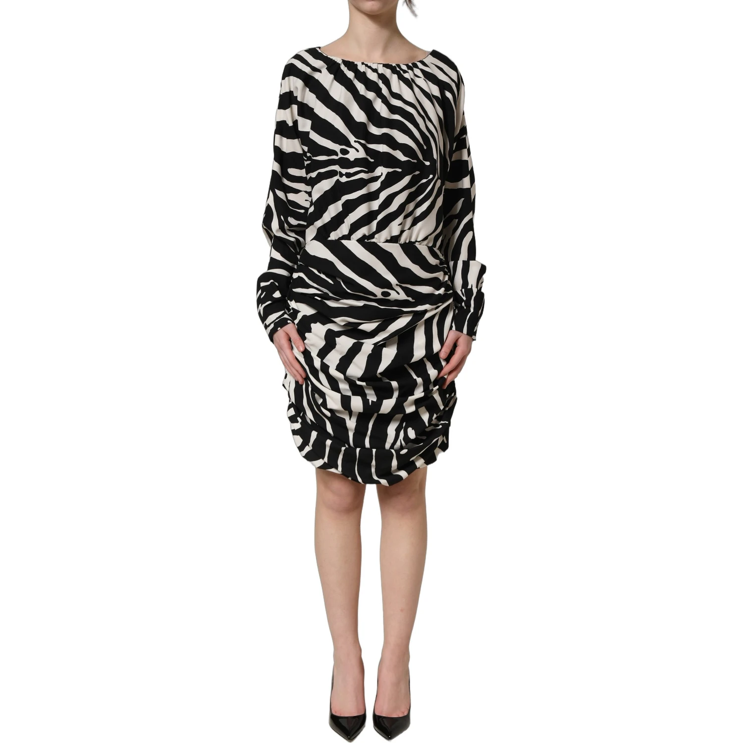 Black White Zebra Ruched Silk Mini Dress