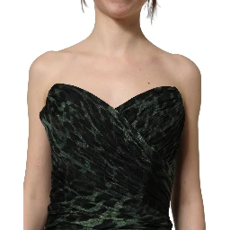 Green Leopard Print Bustier Draped Midi Dress