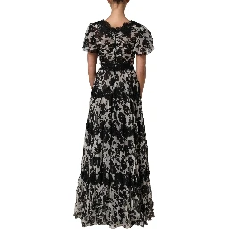 Black Silk Floral Lace Ricamo Ball Maxi Dress