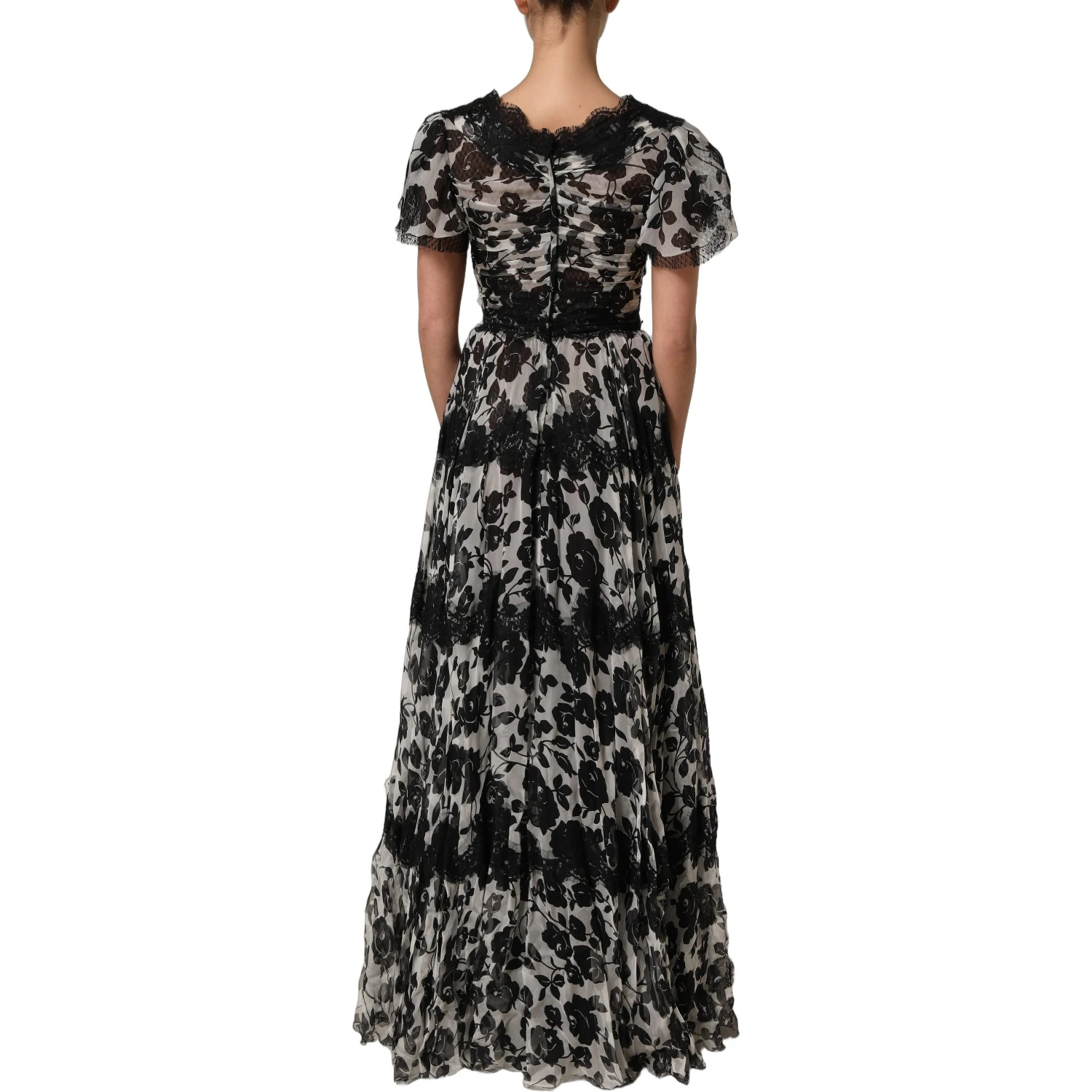 Black Silk Floral Lace Ricamo Ball Maxi Dress