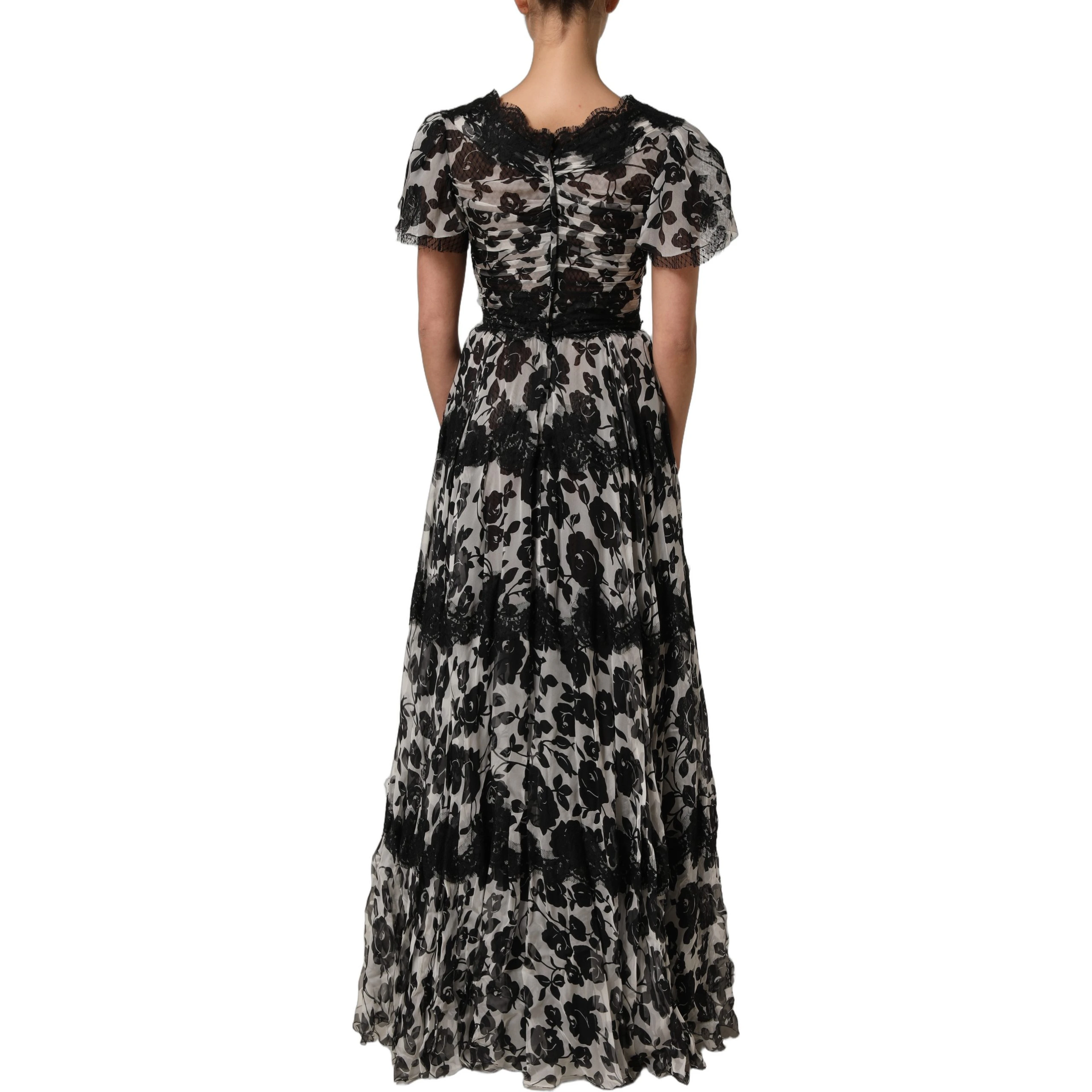 Black Silk Floral Lace Ricamo Ball Maxi Dress