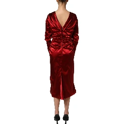Red Silk Satin Draped Midi Floral Applique Dress