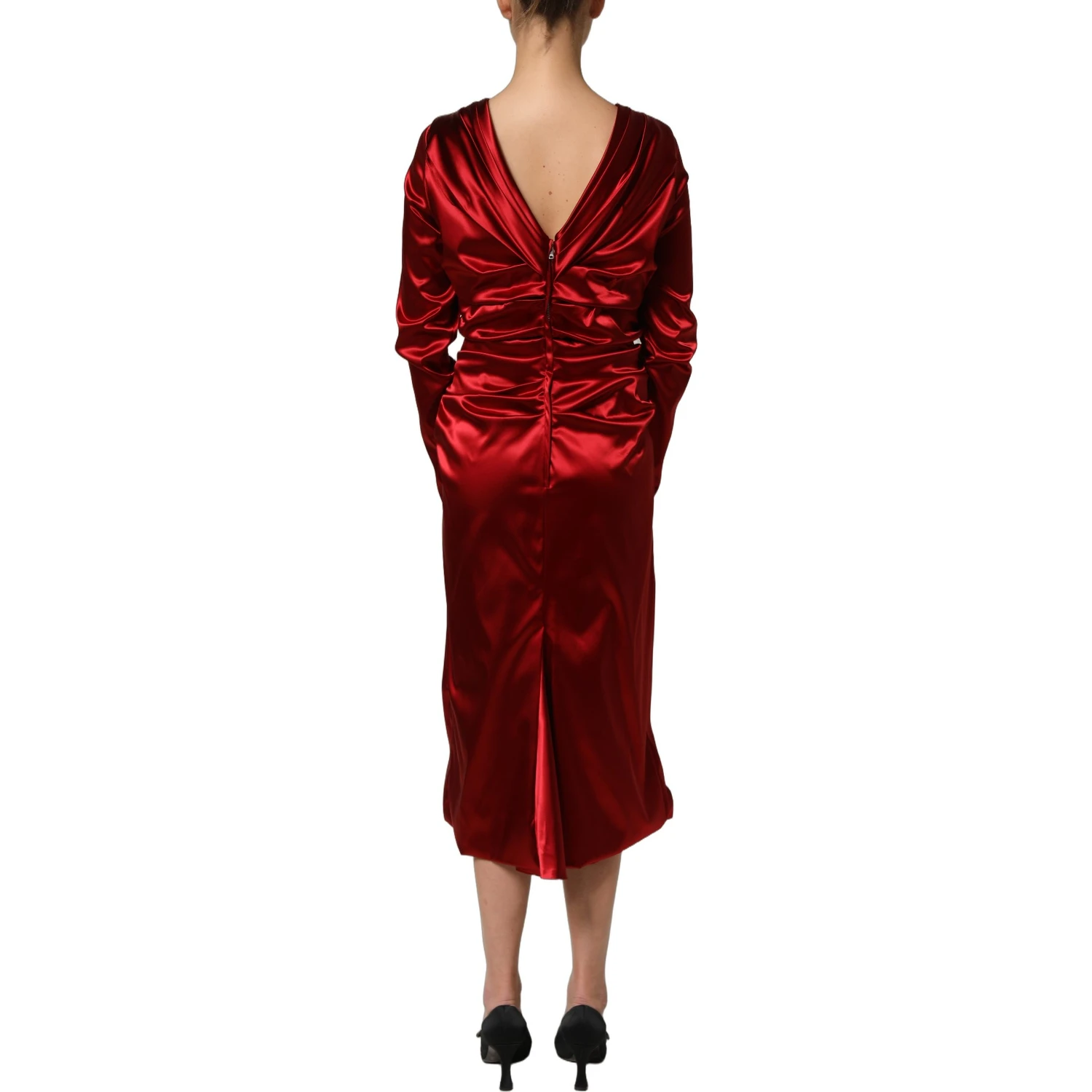 Red Silk Satin Draped Midi Floral Applique Dress