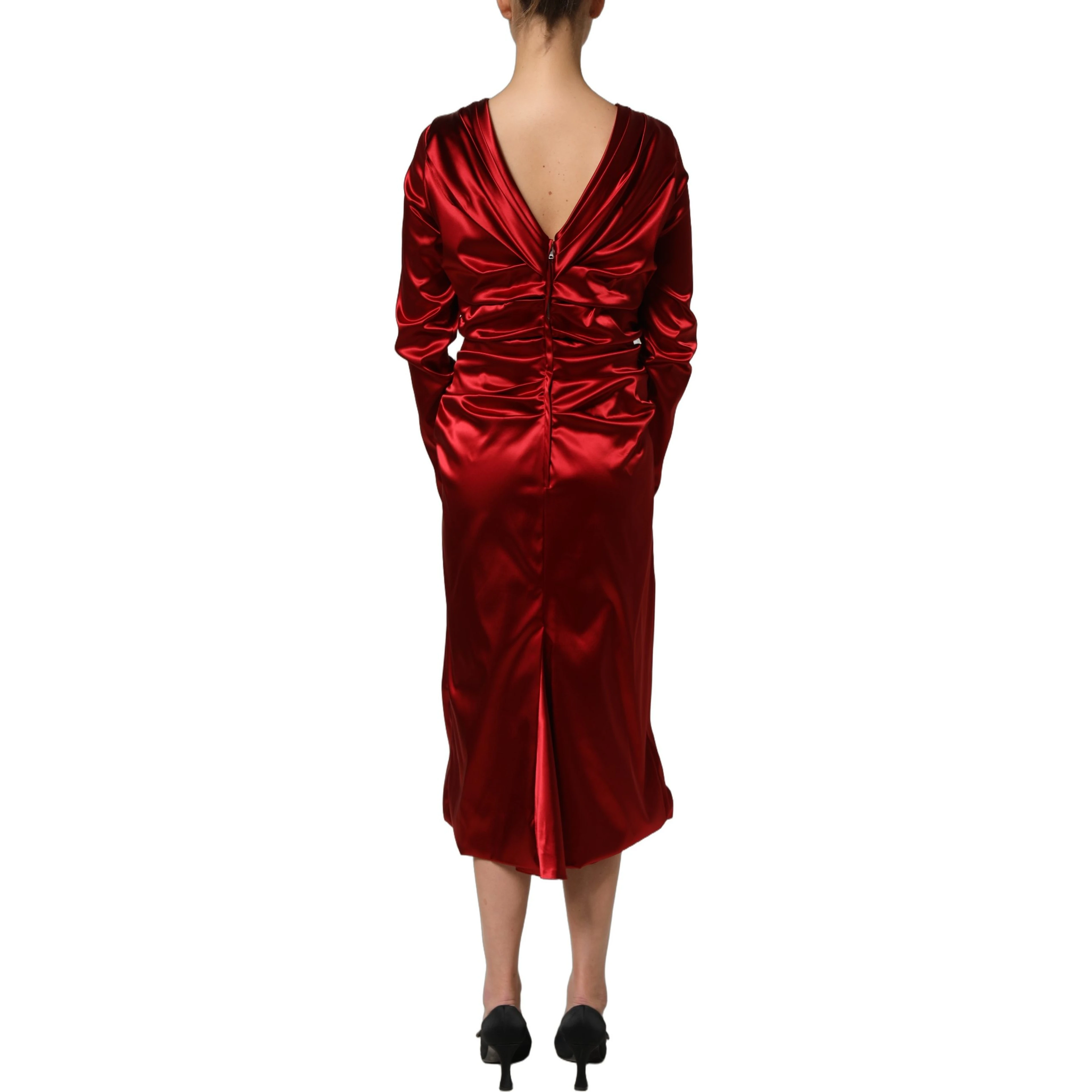 Red Silk Satin Draped Midi Floral Applique Dress