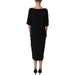 Black Viscose Cropped Sleeves Midi Dress