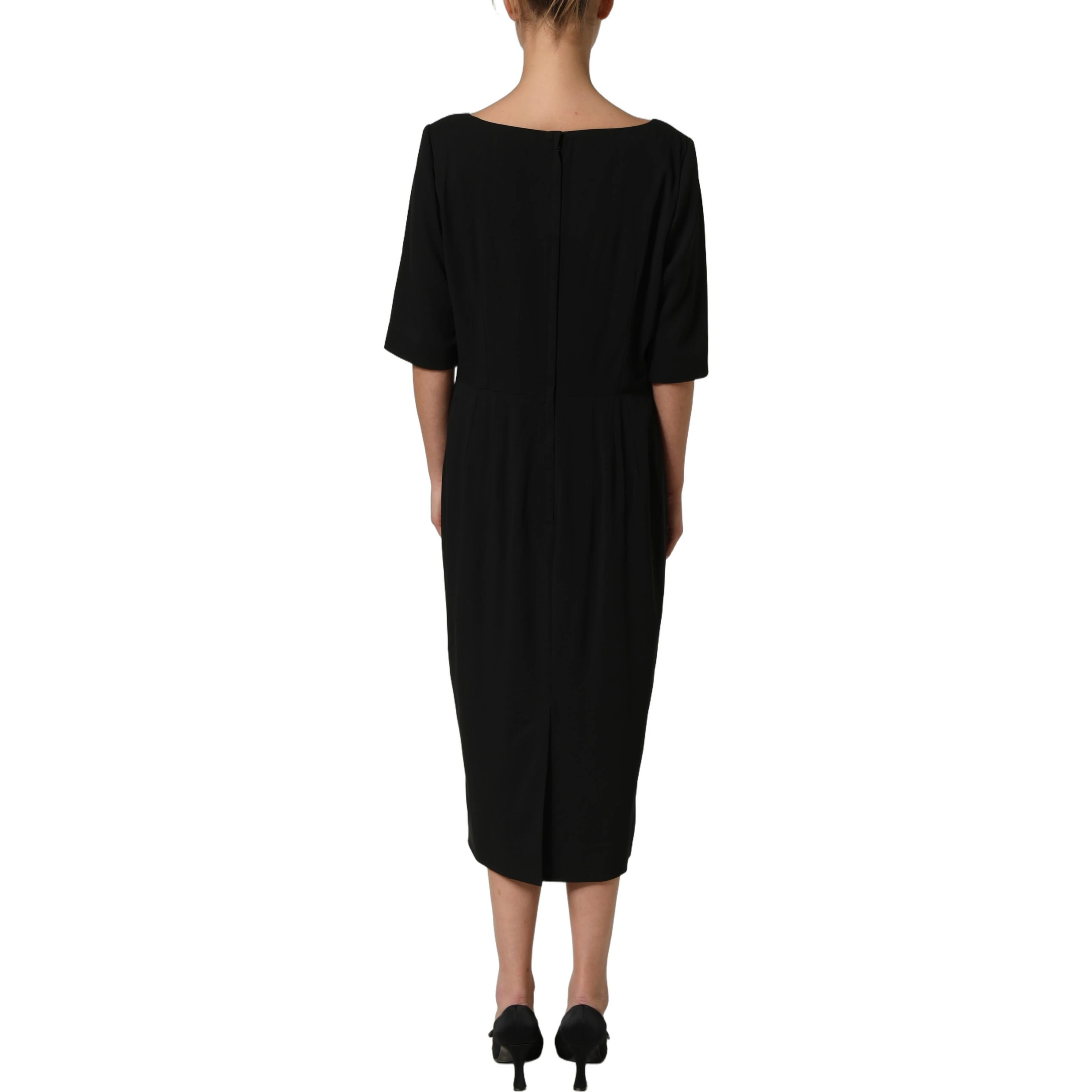 Black Viscose Cropped Sleeves Midi Dress