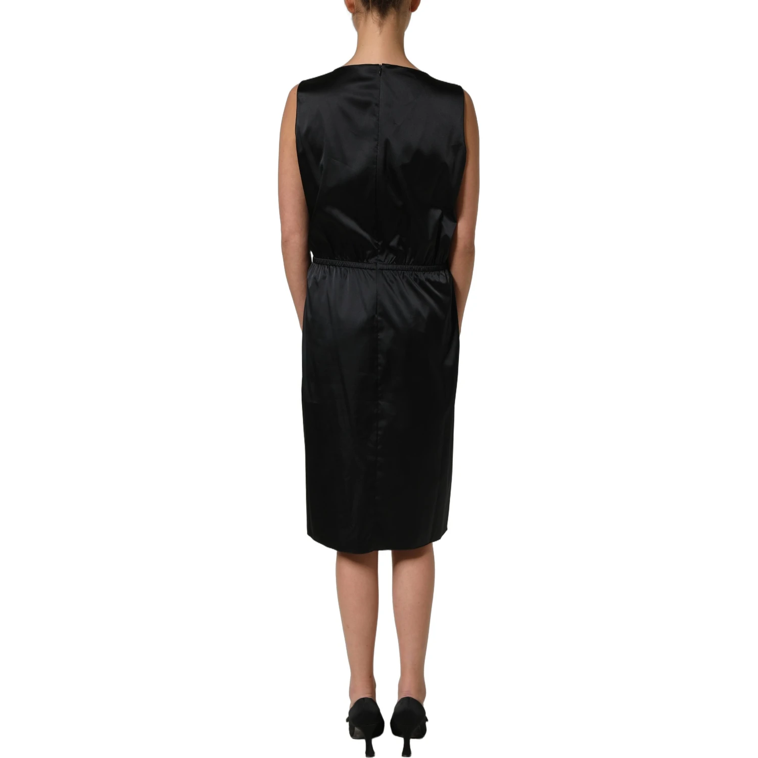 Black Polyester LaceTrim Sheath Midi Dress