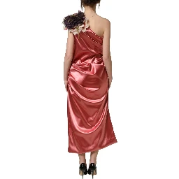 Pink Draped Midi Flower Appliques Dress